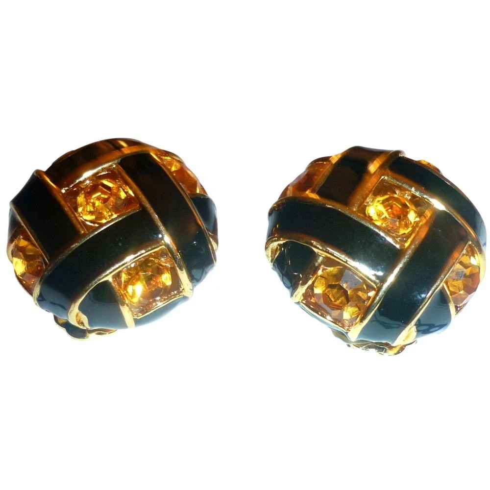 Vintage NOS Sue Ellen England Black Enamel Gold Tone Crystal Clip On Earrings